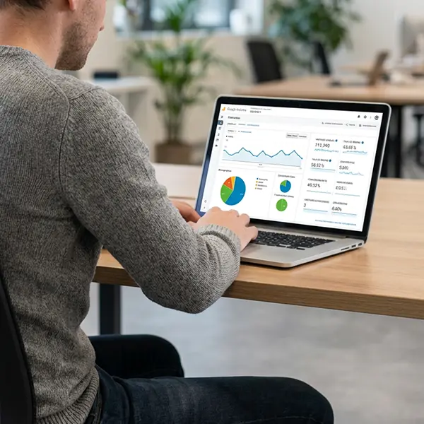 Un homme regardant des stats sur son pc